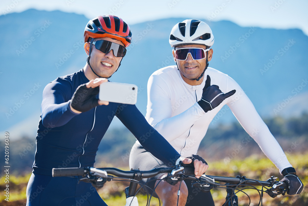 Fitness, bike and selfie with friends in nature for cycling, taking a break from a cardio or enduran