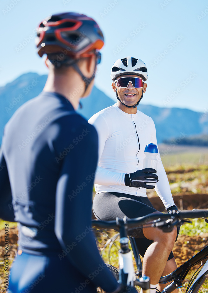 Fitness, bike and friends drinking water in nature, taking a break from their cardio or endurance wo