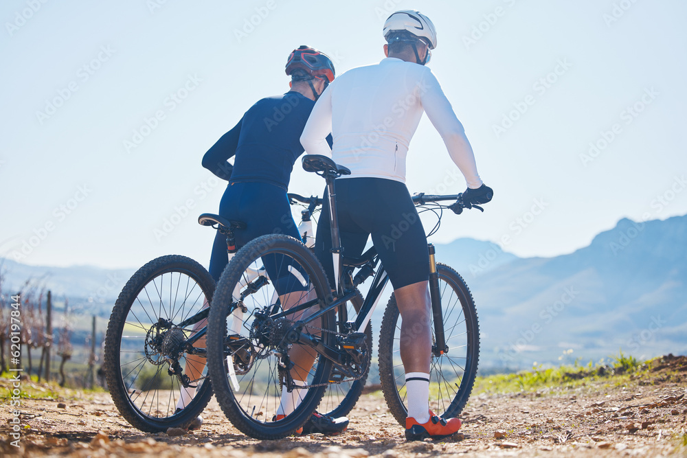 Back, fitness and bike with friends in nature for cycling, taking a break from their cardio or endur