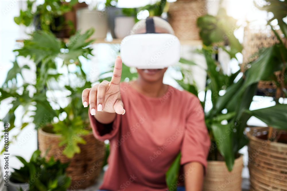 Woman, virtual reality and headset with a finger at home for metaverse, 3d world or future. Female p