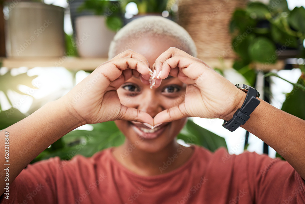 Black woman, portrait and heart hands for love, sign or shape for health and wellness in eco friendl