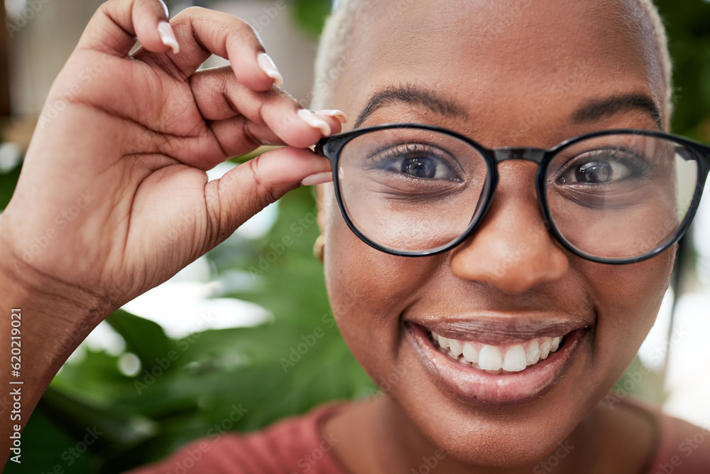 Closeup, face and black woman in glasses and vision, eye care and optometry, frame and prescription 