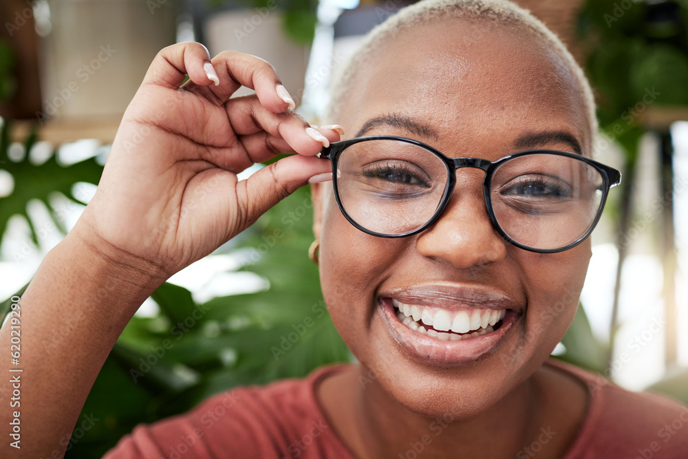 Face, happy and black woman in glasses and vision, eye care and optometry with frame and prescriptio