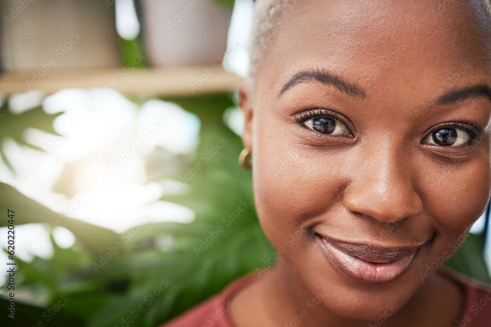 Portrait, plants and flare with a black woman gardener in her home for sustainability or green growt