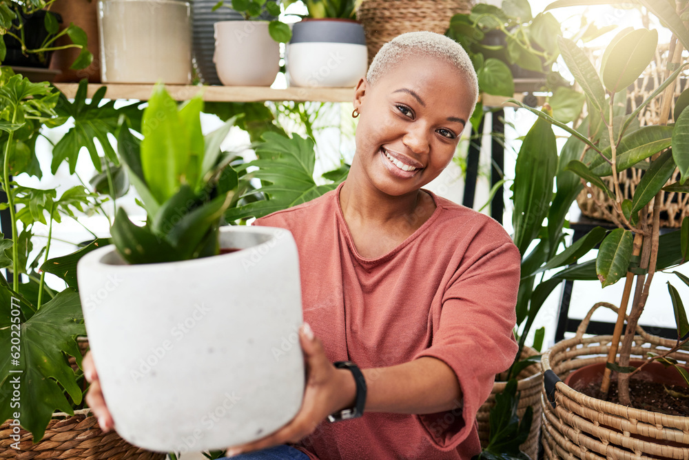 Greenhouse, eco friendly and portrait of woman with a plant for a sustainable or botanical gift. Hap