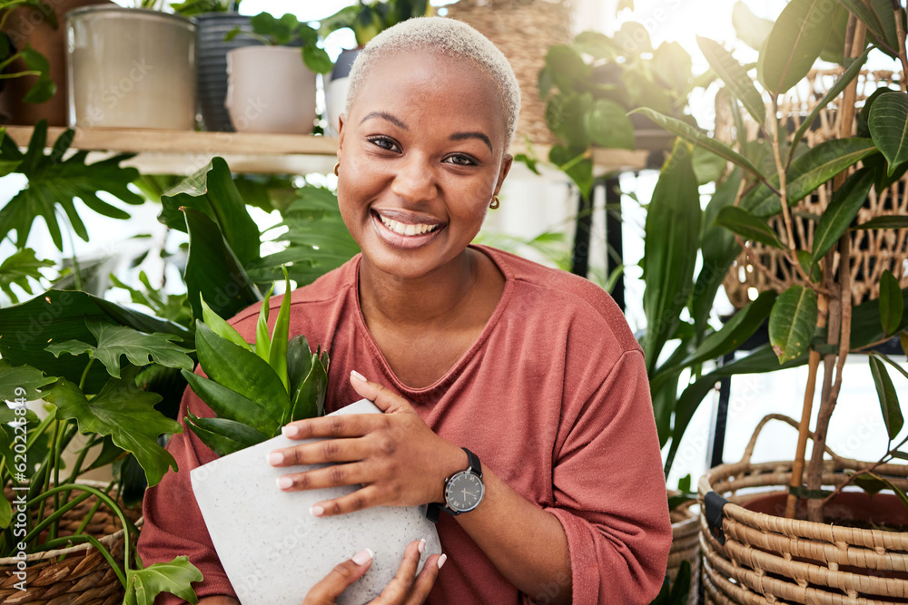 Happy, eco friendly and portrait of a woman with a plant in the nursery for a sustainable gift. Happ