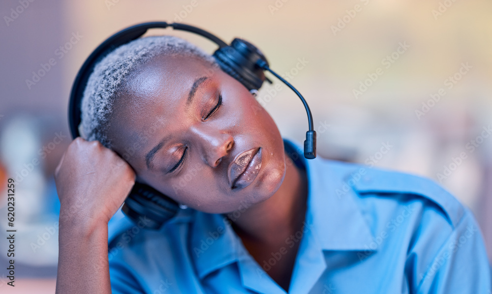 Tired, call center and black woman sleeping with headset during telemarketing work at night. Contact