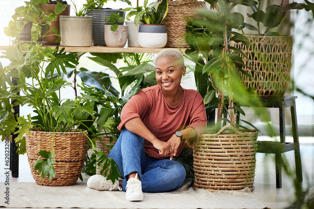 Black woman, plants in a basket and relax with nature, gardening and sustainability with environment