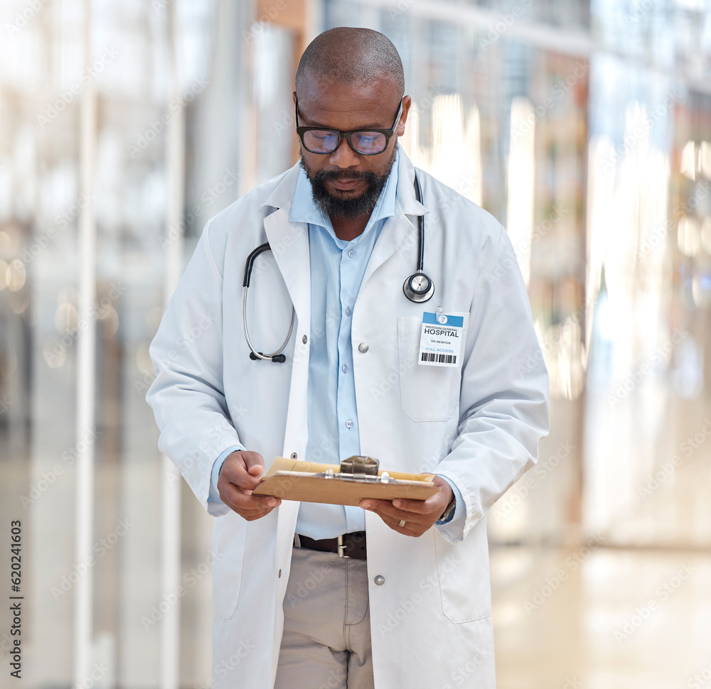 Black man, doctor and reading clipboard with documents of research, healthcare schedule and test res