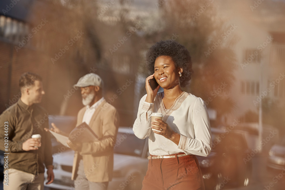 Phone call, coffee and a business black woman in the city for communication on her morning commute. 