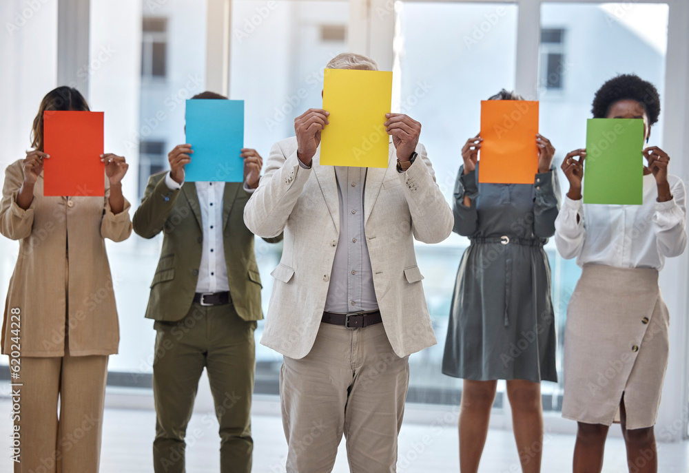 Collaboration, paper and an anonymous business team standing in the office together to show selectio