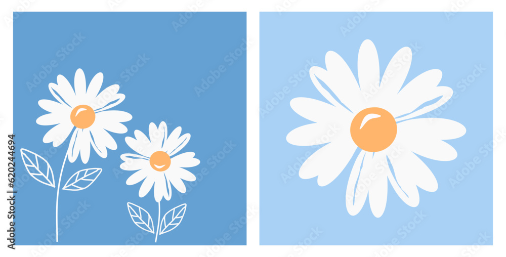 Daisy flower on blue background vector. Cute wall art decoration.