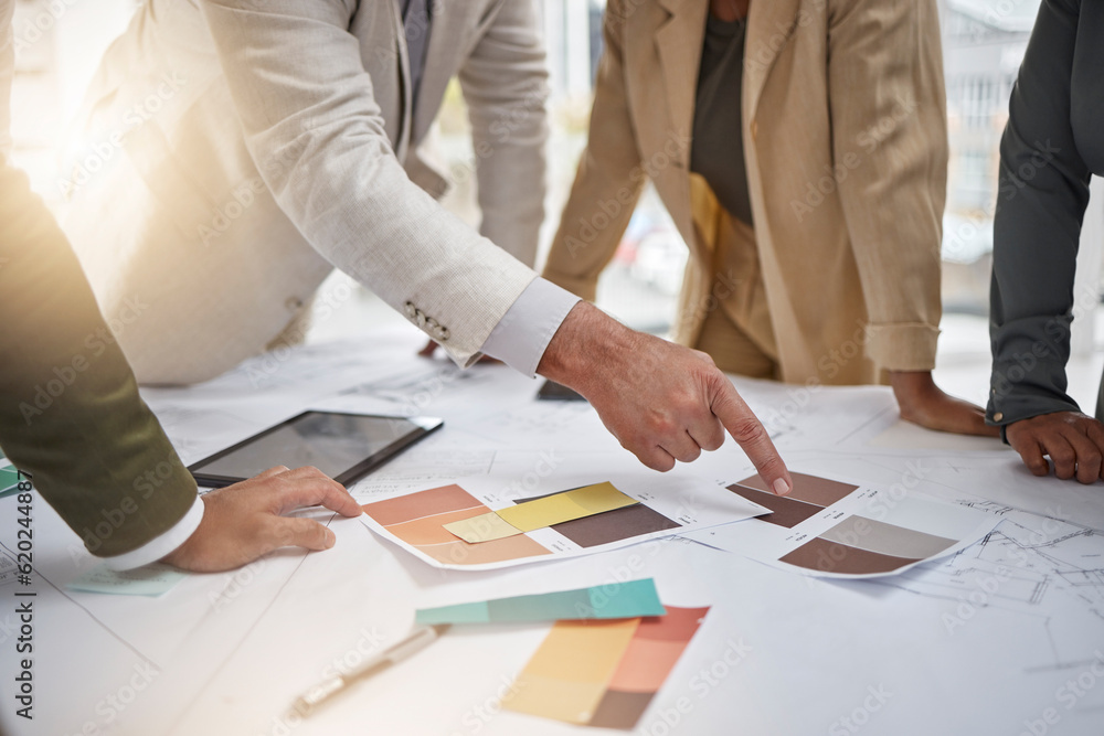 Creativity, color palette and team in a meeting for an interior design project in office boardroom. 