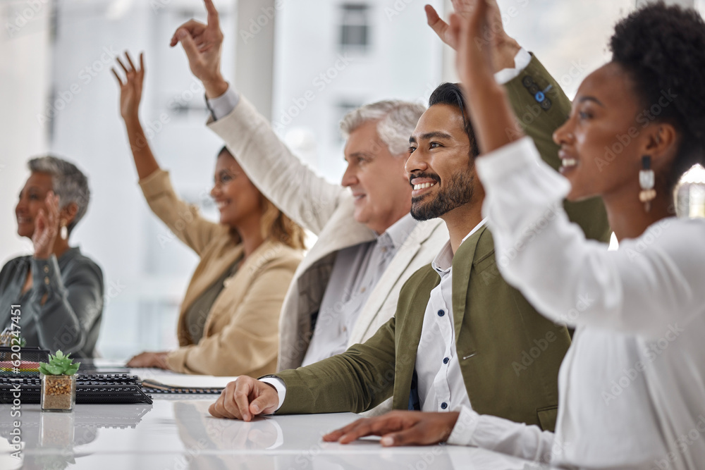 Meeting, seminar and questions with business people hands raised in the boardroom during a strategy 