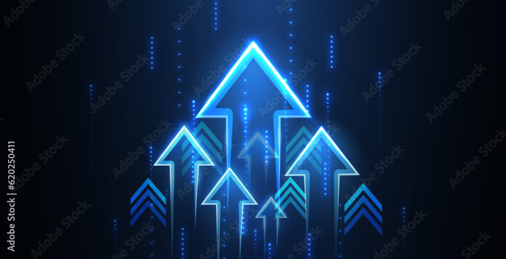 Up arrows on deep blue background space with one big arrow.