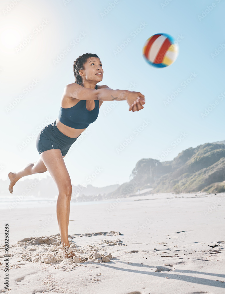 Woman, volleyball and hitting on beach in sports game, practice match or competition in the outdoors