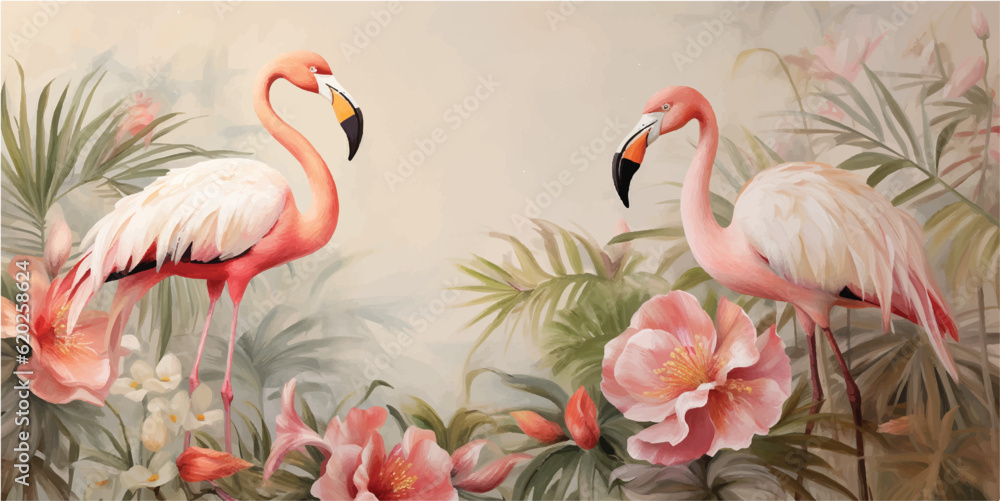 flamingos and tropical flowers on a shabby chic wall background, in the style of light beige and bro