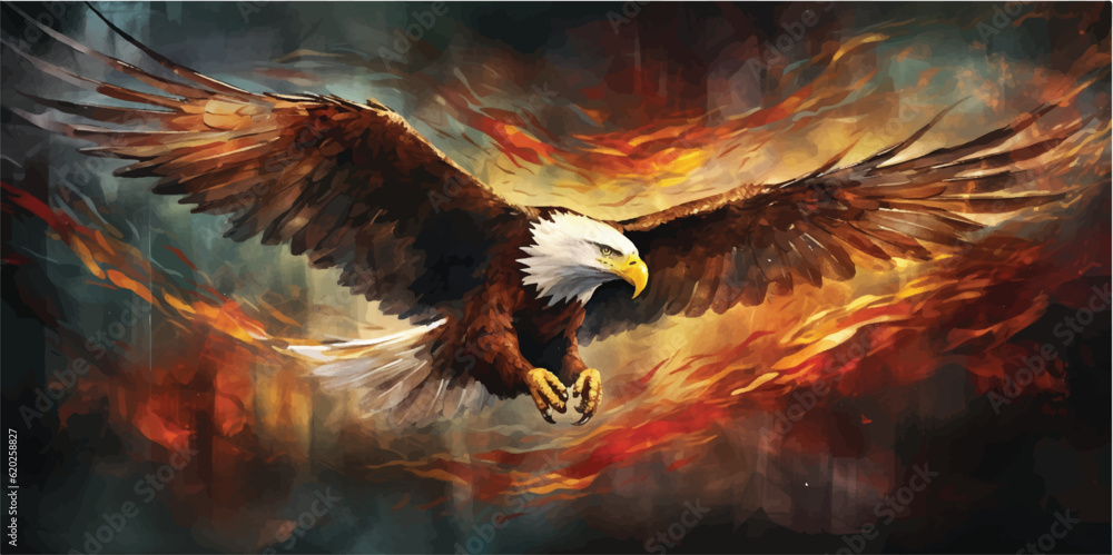 wal art f bald eagle flying to burnt orange background, 