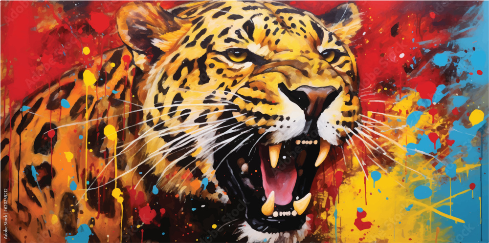 oil painting on canvas of jaguar, in the style of digital mixed media, vivid color blocks, realistic