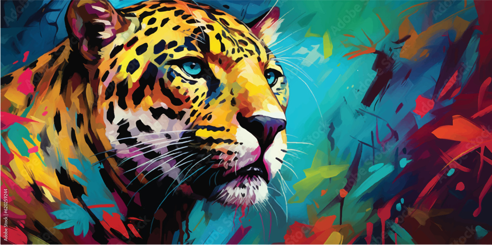 oil painting on canvas of jaguar, in the style of digital mixed media, vivid color blocks, realistic