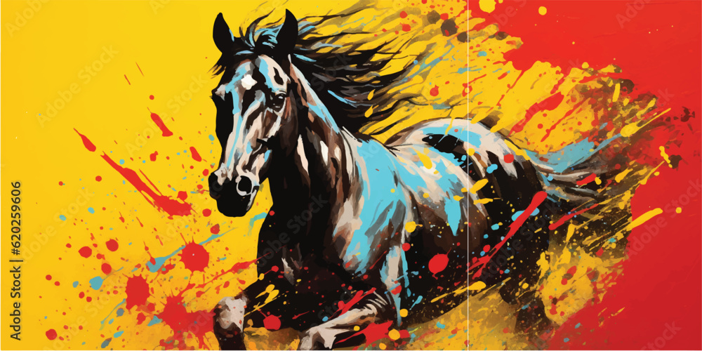 oil painting on canvas of horse , in the style of digital mixed media, vivid color blocks, realistic