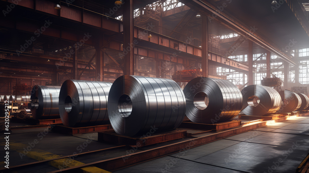 Rolls of steel sheet, aluminium factory storage