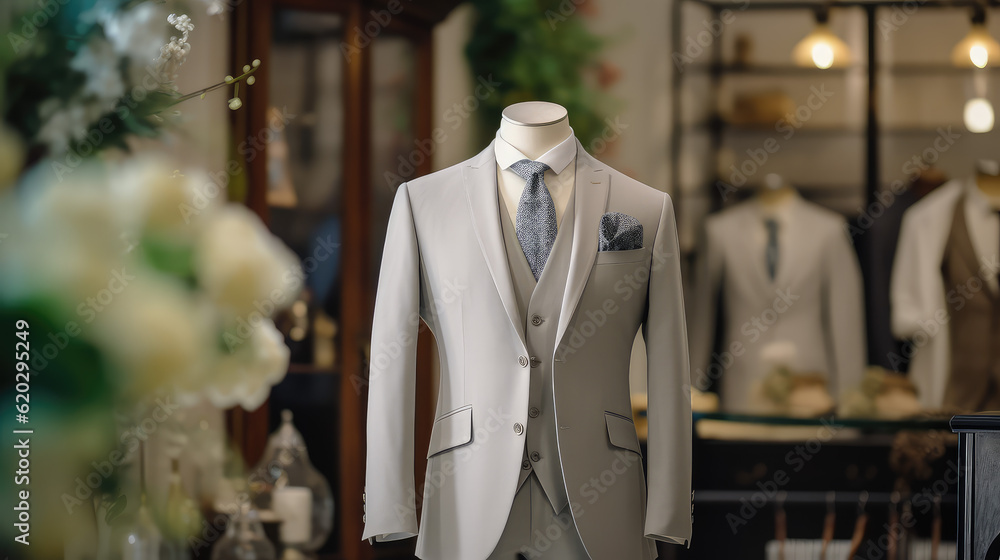 Wedding suit on mannequin in fashion salon, fashion concept