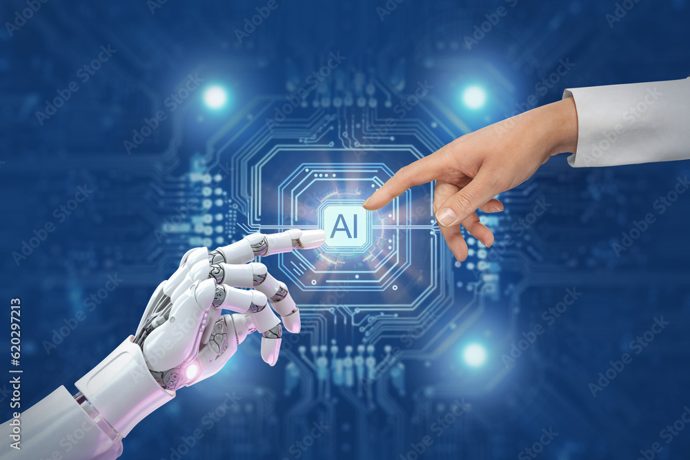 White cyborg robotic hand pointing his finger to human hand with stretched finger - ai artificial in