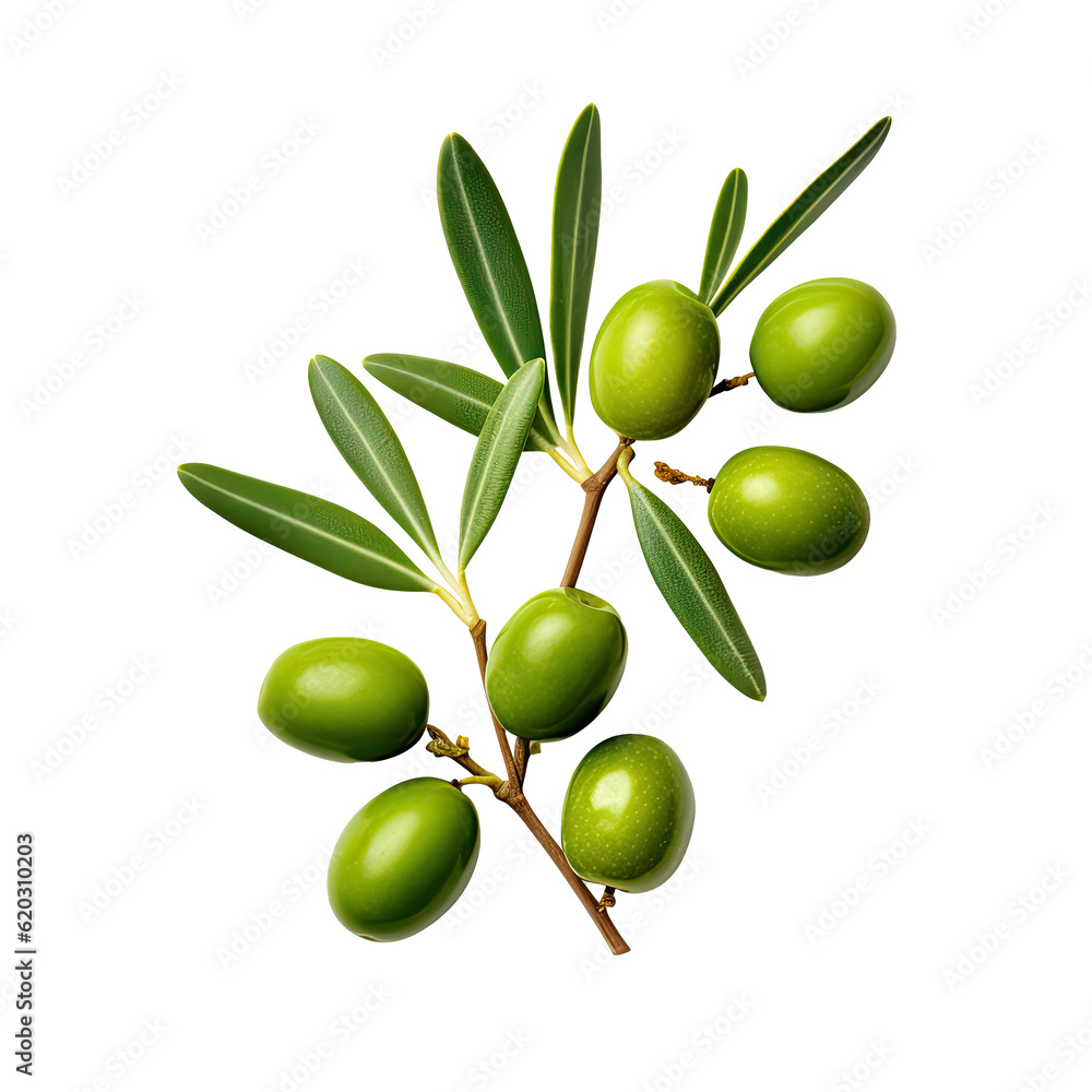 Olive twig with several green olives on it. Illustration AI Generative.