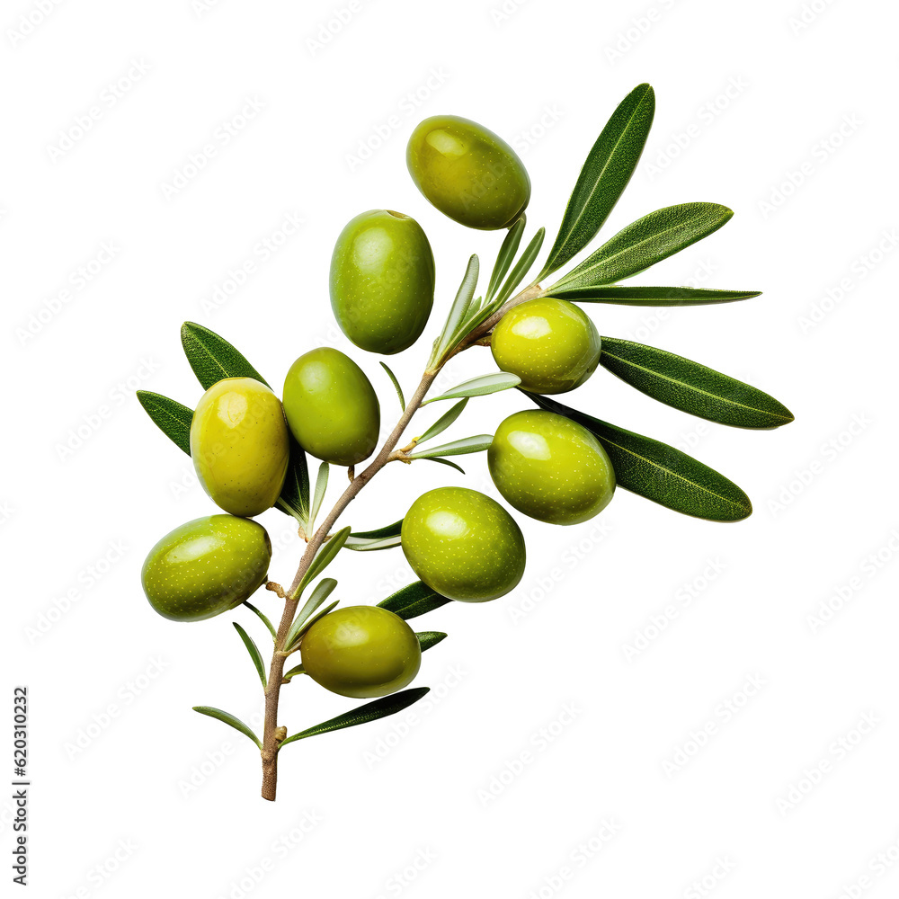 Olive twig with several green olives on it. Illustration AI Generative.