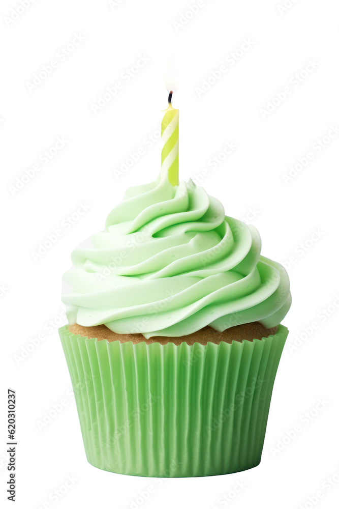 Green Birthday Cupcake. Illustration AI Generative.