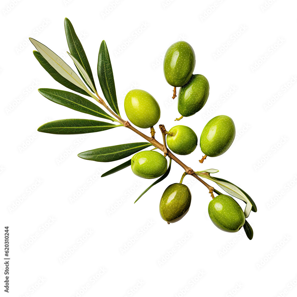 Olive twig with several green olives on it. Illustration AI Generative.