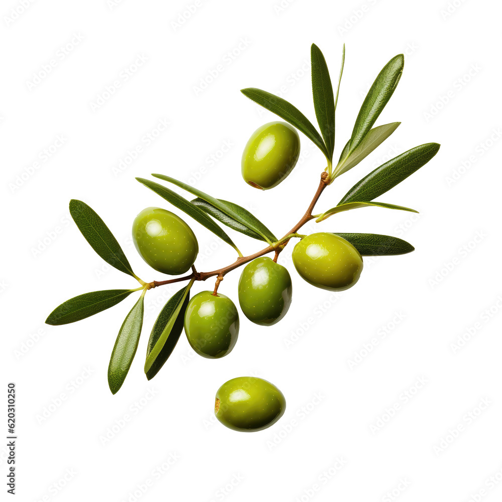 Olive twig with several green olives on it. Illustration AI Generative.