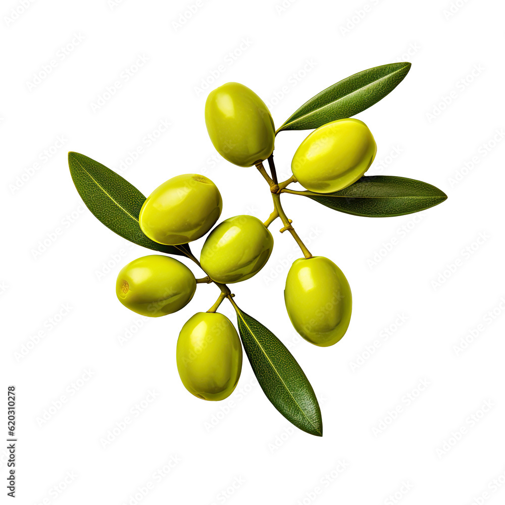 Olive twig with several green olives on it. Illustration AI Generative.