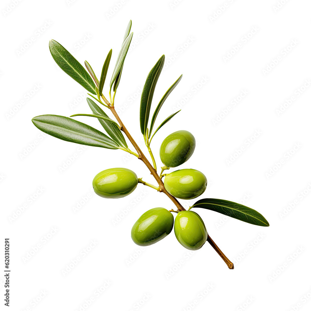 Olive twig with several green olives on it. Illustration AI Generative.