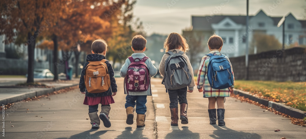 Children walking on their way to school.  Image generative AI.