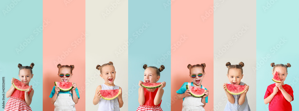 Collage of cute little girl with slices of fresh watermelon on color background