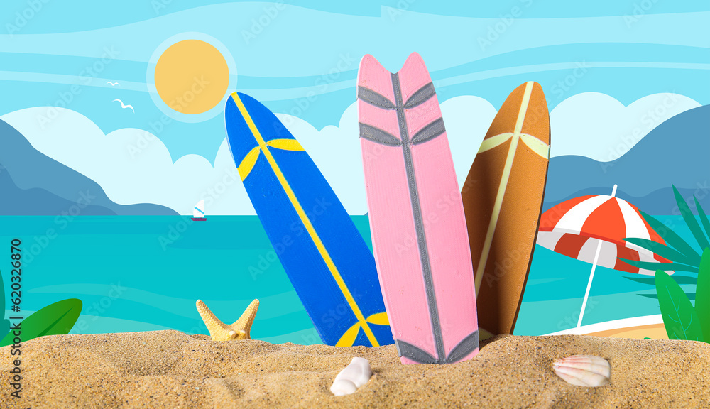 Different surfboards on drawn sea beach