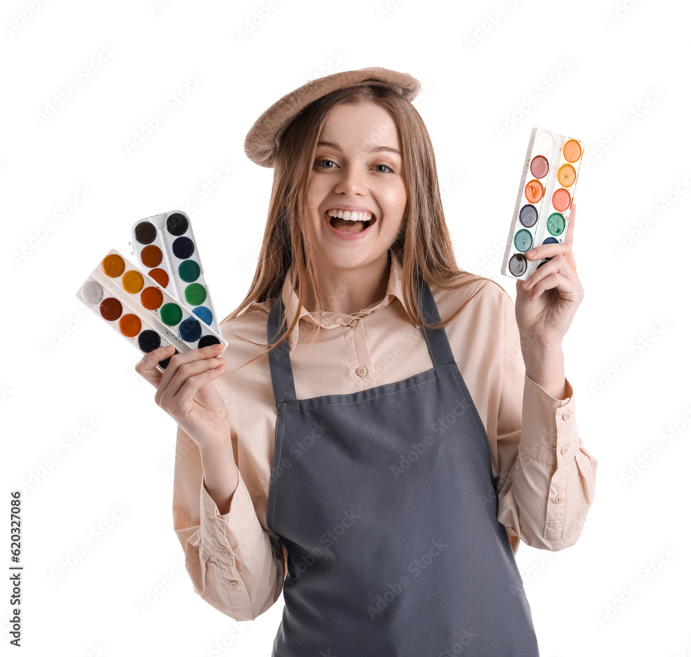 Drawing teacher in beret with paints on white background