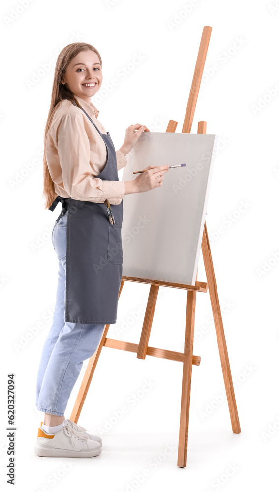 Drawing teacher with paint brush and easel on white background