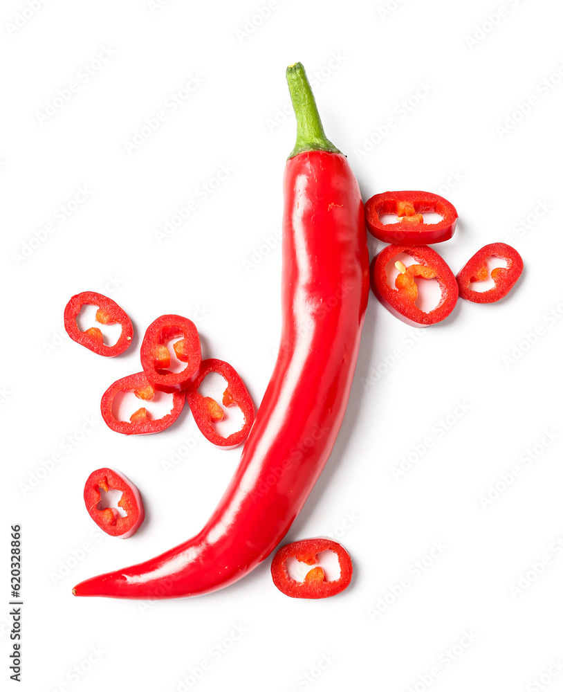 Sliced fresh chili pepper on white background