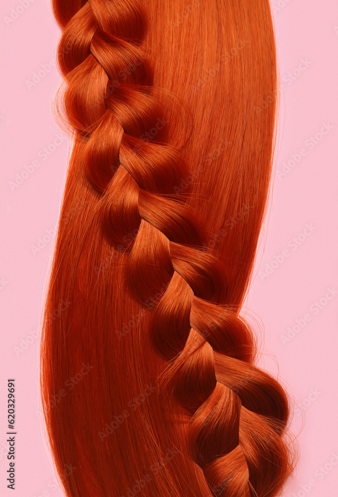 Ginger hair and braid on color background, closeup