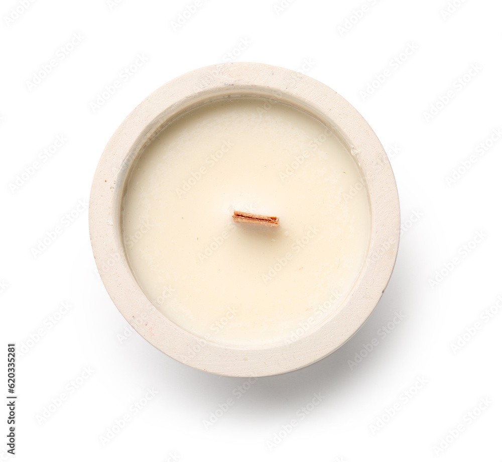 Holder with candle on white background