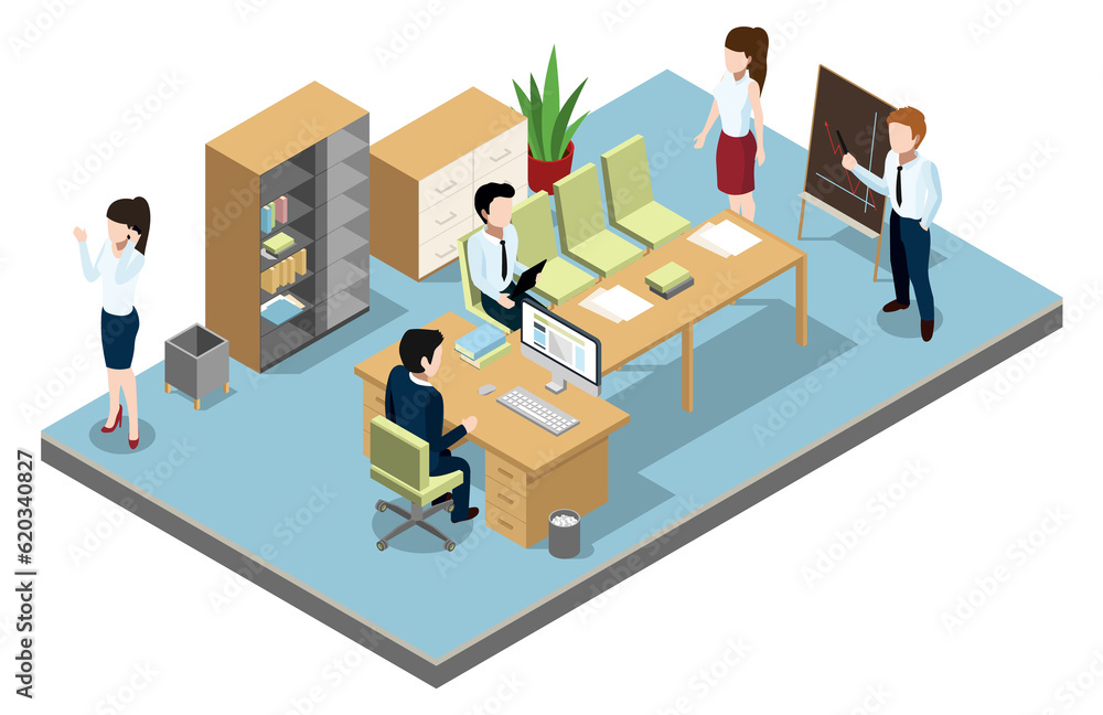 Isometric conference room with workers. Business meeting office