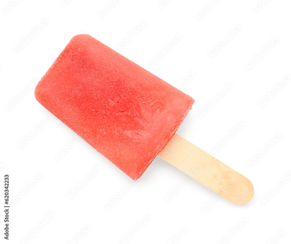 Sweet strawberry ice-cream popsicle on white background