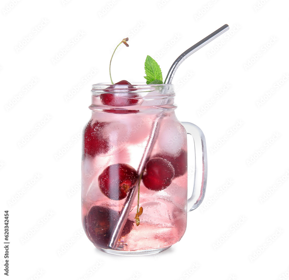 Mason jar of tasty cherry lemonade and mint on white background