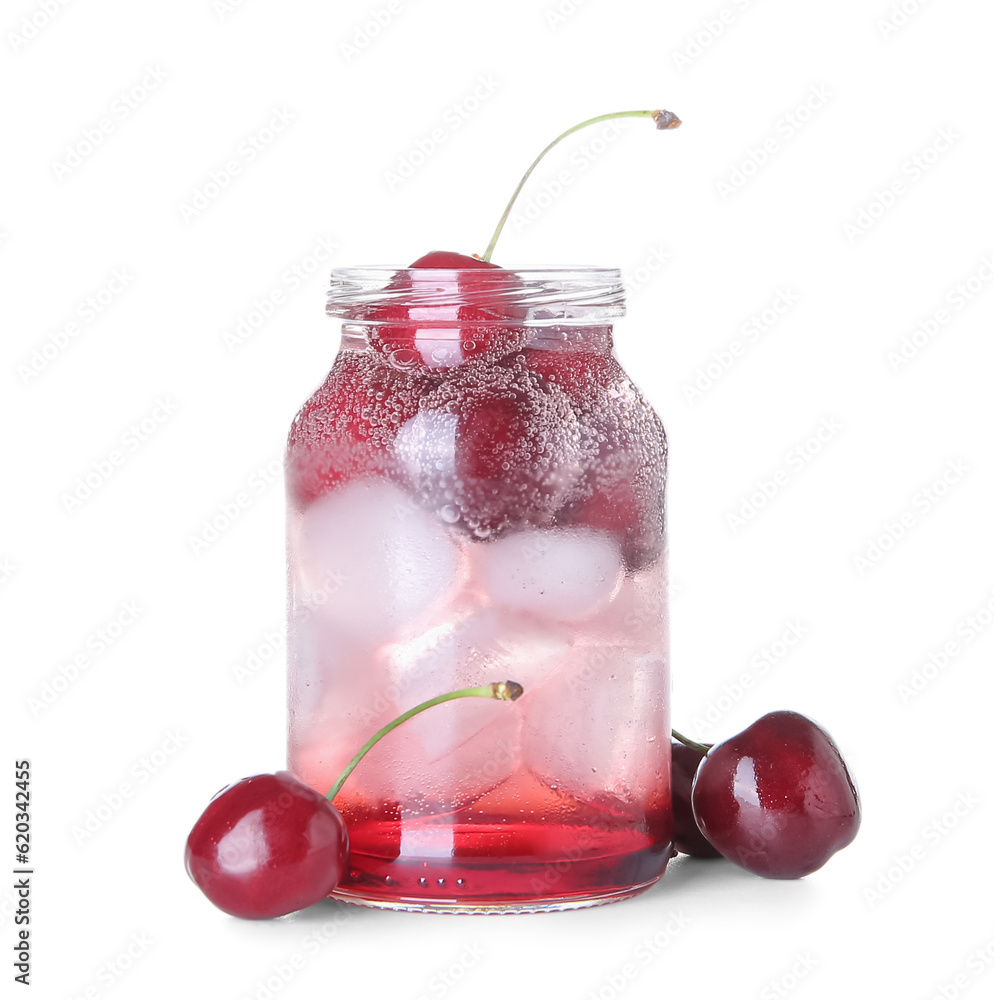 Jar of tasty cherry lemonade on white background