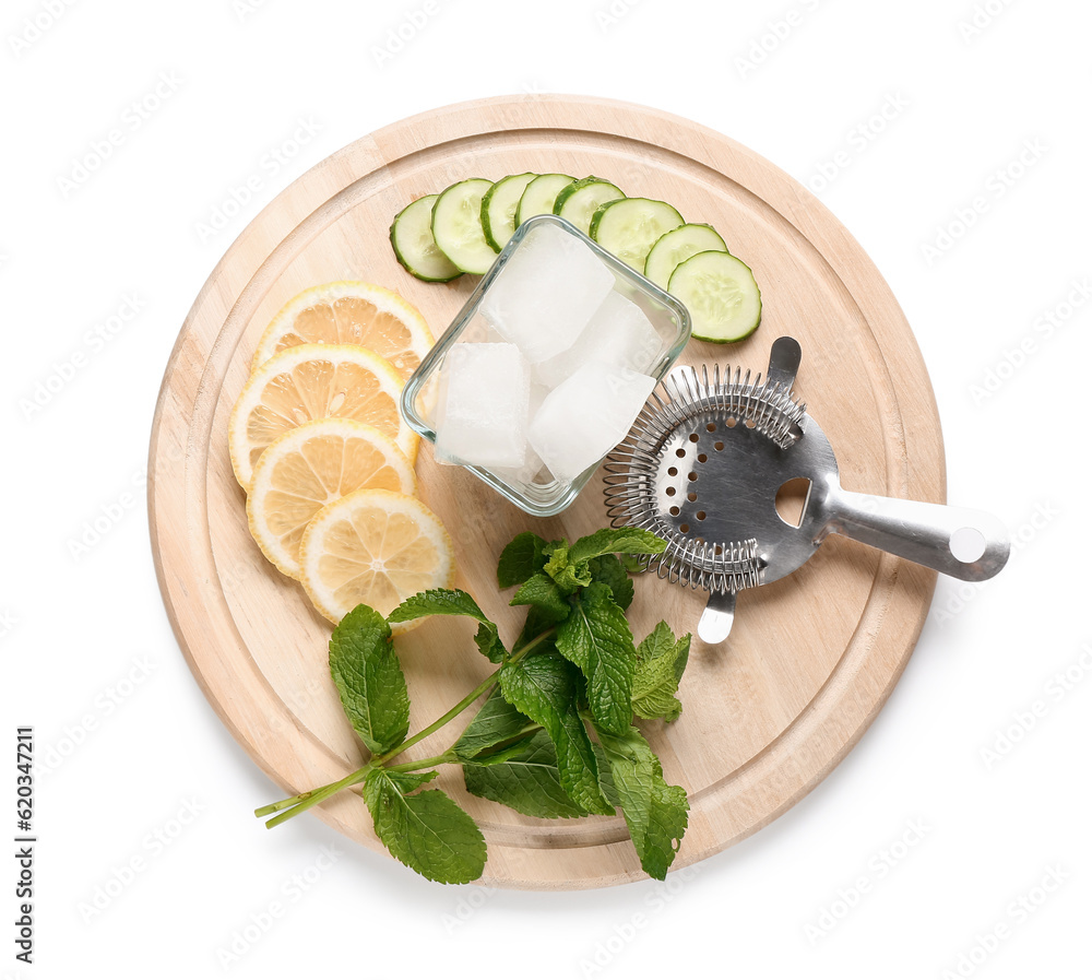 Strainer with mojito ingredients and ice cubes on white background