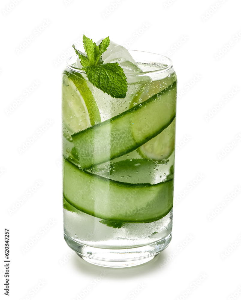 Cucumber mojito with lime and mint on white background