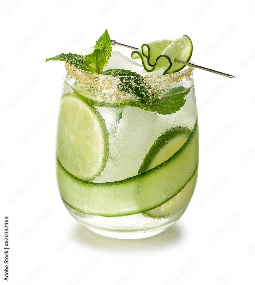 Glass of cucumber mojito with lime, mint and ice on white background